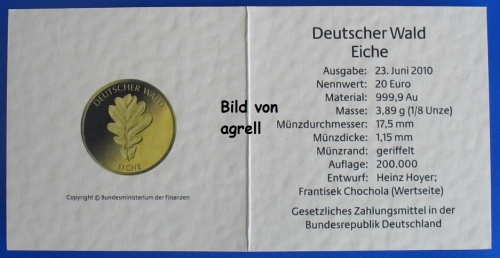 20 Euro Goldgedenkmünze Deutschland 2010 -- Eiche "A"